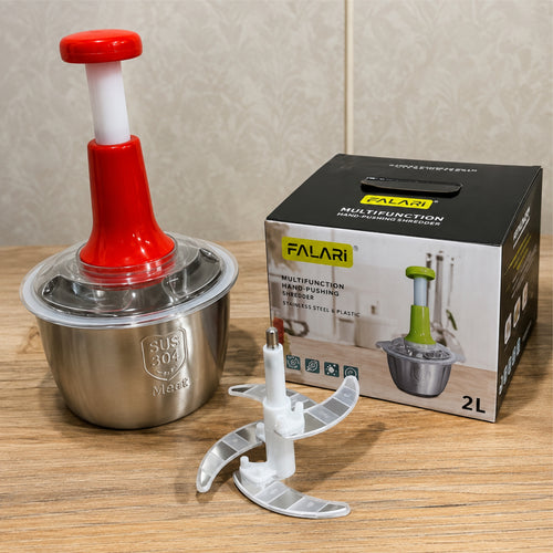Manual Vegetable Chopper – Stainless Steel Bowl with 4 Blades | 2000ML Multipurpose Hand Chopper