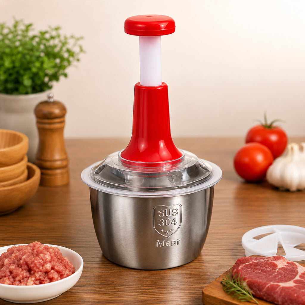 Manual Vegetable Chopper – Stainless Steel Bowl with 4 Blades | 2000ML Multipurpose Hand Chopper