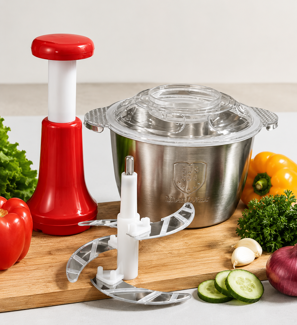 Manual Vegetable Chopper – Stainless Steel Bowl with 4 Blades | 2000ML Multipurpose Hand Chopper